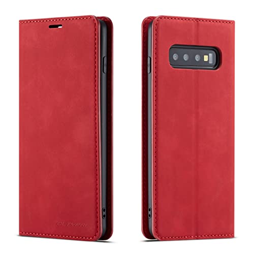 Coque Samsung S10 en cuir PU rouge avec porte-cartes et support vidéo QLTYPRI