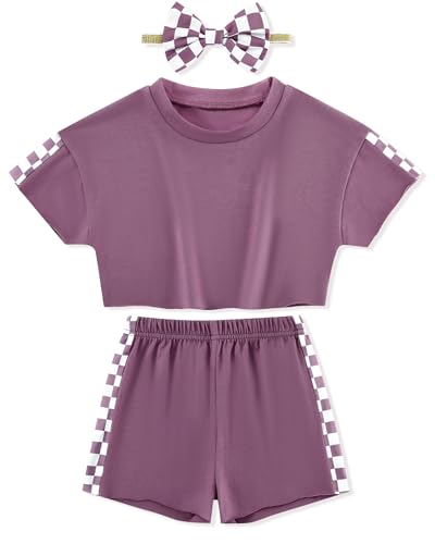 Image of SANMIO Toddler Girl Clothes Summer 3 Piece Outfits Cute | Short Sleeves Checkered Tops Shorts and Headband Girls Clothing Set