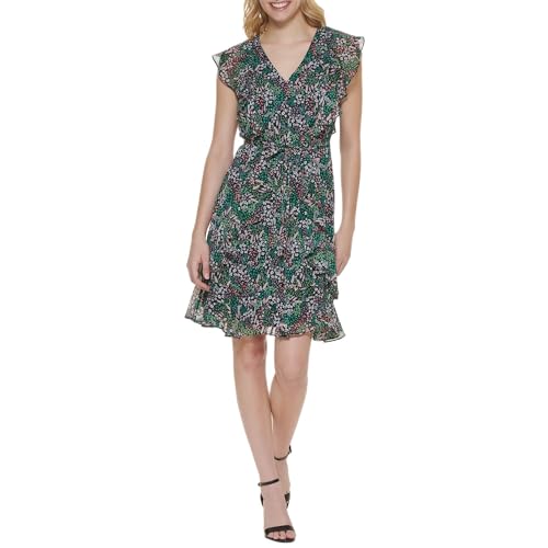Image of Tommy Hilfiger Women's Sleeveless V-Neck Ruffle Trim Tie Waist Chiffon Mini Dress