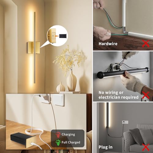 Image of Battery Operated Wall Sconce Set of Two with Remote Control, Rechargeable & Dimmable Wireless, Easy Install Peel and Stick, Timer Function, Wall Lights for Living Room, Bedroom, 28.3 inch (Brass)