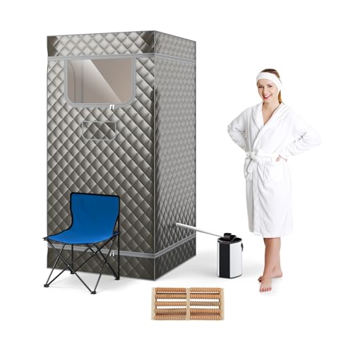 HOMASIS 3L Sauna de Vapor Portatil, 1000W Tienda de Sauna o SPA Home Completa, 91 x 91 x 183 cm, Control Remoto, Masajeador de Pies y Silla Plegable, para Individual, Desintoxicación (gris)