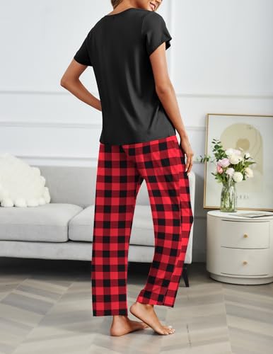 Image of Ekouaer 2 Pack Pajamas for Women Set Short Sleeve Sleepwear Top and Pants Pjs Soft Printed Lounge Sets with Pockets