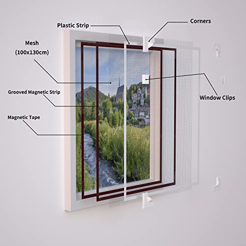NeatiEase Adjustable DIY Magnetic Fly Screen Window Max 100x 130 cm, Full Frame Magnetic Strip Easy Installation Fits Any Size Smaller Insect Mesh Mosquito Bug Net for Windows (White Frame Black Net)