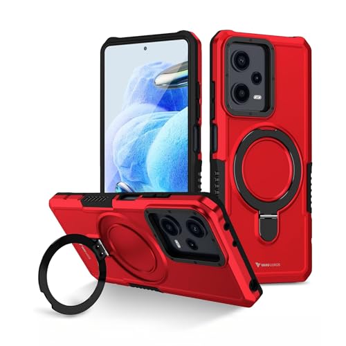 Image of Vaku Luxos Astor Military Grade Back Cover Case for Redmi Note 12 Pro 5G with Rotable Ring Kickstand Shockproof Protective Cell Phone TPU Case- Red