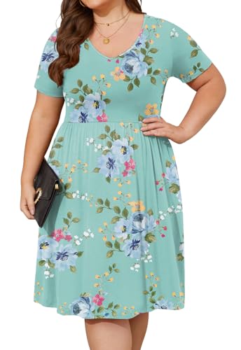 Image of DB MOON Women Plus Size Dresses 2026 Summer Casual V Neck Short Sleeve Knee Length Dress with Pockets
