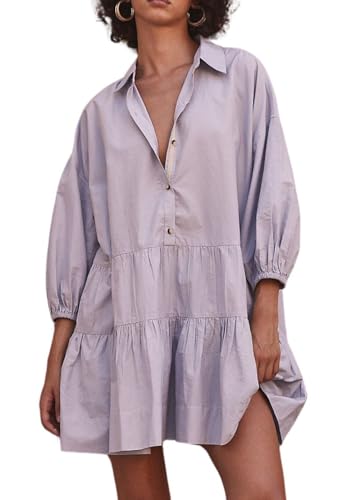 Image of chouyatou Women's Summer Puff Sleeve Tiered Tunic Babydoll Dress Cute Mini Button Down Shirt Dress