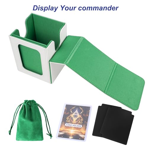 Image of AFIING MTG Deck Box for Commander Display,Card Deck Box Fits 100 Double Sleeved Cards, Magic Commander TCG Card Storage Box with 2 Dividers,Dice Bag and 1 Toploader(Whtie Green)