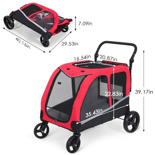 Image of Saudism Dog Stroller for Large & Medium Dogs (up to 160lbs), Pet Stroller for 2 Small Dogs, Extra Large Heavy Duty, Dog Wagon Foldable & Adjustable Handle with Pocket, Red