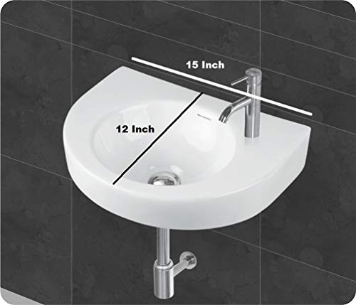 Image of Wash Basin Wall Hung Mounted Glossy Finish White Sink for Bathroom - (15 x 12 x 5 Inch)