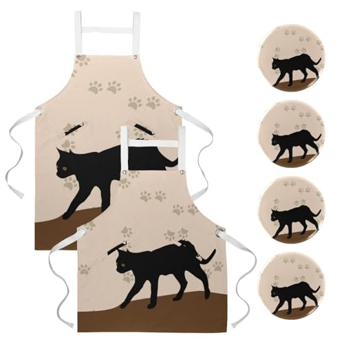 Lot de 2 tabliers de cuisine chat noir avec poches de rangement