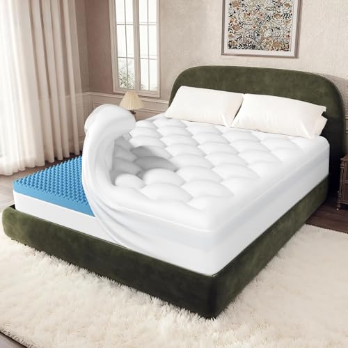 OhGeni Cooling 5 lnch Queen Size Dual Layer Mattress Topper, 3 Inch Egg Crate Gel Memory Foam, 2...