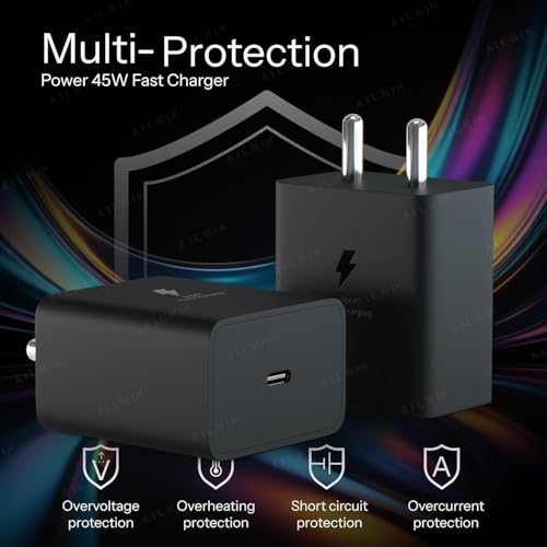Image of AILKIN 45W Super Fast USB-C Power Adapter with Charging Cable Designed for Galaxy S25, S24, S23, S22 Ultra, Note Series, M & A Series Devices (Black)