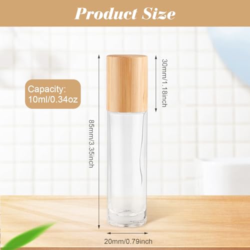 20 Pcs 10ml/0.34oz Roll On Bottles Clear Glass Essential Oil Roller Bottle Refillable Perfume Sample Bottles with Bamboo Lids & Stainless Steel Roller Ball -1 X Opener & 2 X Pipettes2