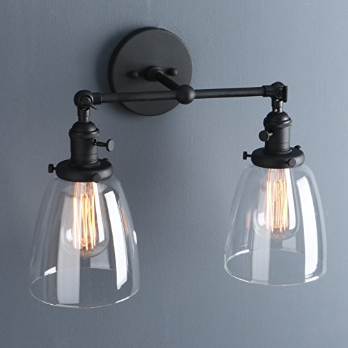 Phansthy 2 Light Swing Direction Wall Sconce With Switch And 5.6" Bell Glass Shade, Vintage Industrial Doubel Head Wall Light 180° Adjustable (Black) #TOP6