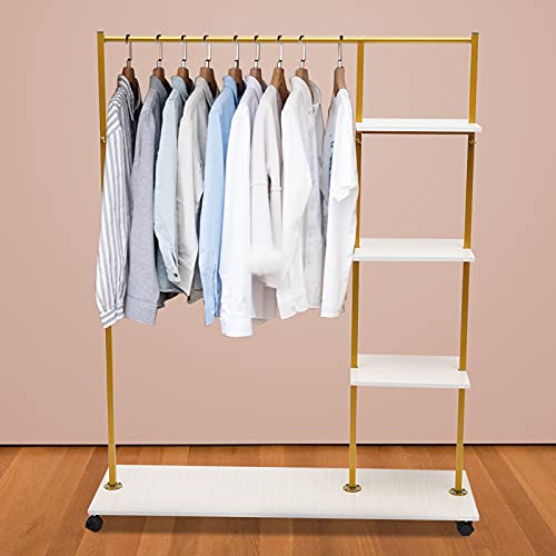 HinLIaDa Gold Clothes Racks with 4-Tier Wood Shelves, Metal Garment Rack Freestanding Clothing Rack Wedding Clothes Dress Display Rack Rolling Clothing Racks for Boutique, Cloth Store