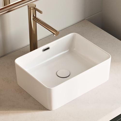 Compact 16 Inch Vessel Sink with Overflow, Los Flexi 16"W x 12"D White Ceramic Lavatory Sinks Rectangular, Above Counter Sink for Small Bathroom, Modern Porcelain Basin