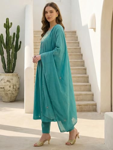 Image of INDO ERA Women's Rayon Viscose Floral Embroidered A-line Kurta Palazzo & Dupatta Set