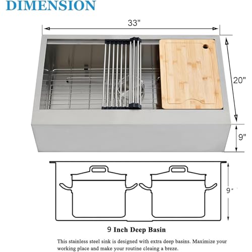 Image of SHACO 33 Inch Stainless Steel Farmhouse Sink, 33x20 Single Bowl Ledge Workstation Flat Apron Front Farm Kitchen Sink with Cutting Board, Brushed Nickel