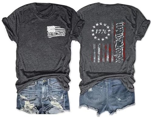 4th of July Shirts for Women Vintage America Flag Shirts Patriot 1776 Memorial Day Tops Front Back Printing Tee(DZFDGY01,XX-Large)