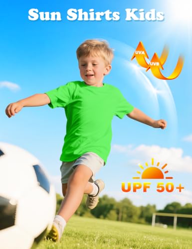 Image of Boys Rash Guard Swim Shirt UPF 50+ Short Sleeve Athletic Shirts Quick Dry Fit Sun Shirt Neon Tees for Kids Girls Youth 2-16Y