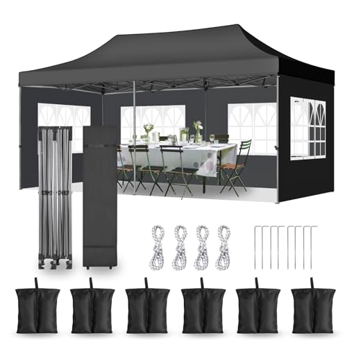 10x20 Heavy Duty Pop Up Canopy Tent with 6 Removable Sidewalls, Easy Setup Commercial Outdoor Canopy, Upgraded Waterproof Windproof Canopy for Parties with Roller Bag, Frame Thickened