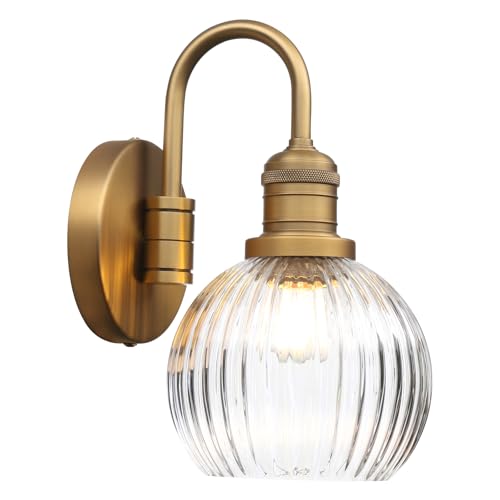 Yosoan Aged Brass Gold Boho Vintage Bathroom Wall Sconce with Striped Shade, 1-Light Indoor Hardwired Vanity Wall Mounted Fixture with Round Glass Lamp for Bedroom Mirror Living Room(Antique)
