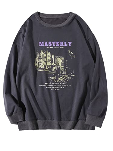 Soly Hux Men's Street Graphic Letter Print Oversized Sweatshirt Crewneck Long Sleeve Pullover Tops Dark Grey Xl #TOP11