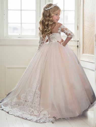 Flower Girl Dress with Sleeves Girls Tulle Pageant Gown Long First Communion Party Dress for Girls2