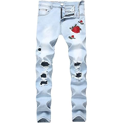 Nutriangee Men's Floral Jeans, Ripped Skinny Distressed Destroyed Slim Fit Stretch Rose Embroidered Pants Light Blue 34 Cover
