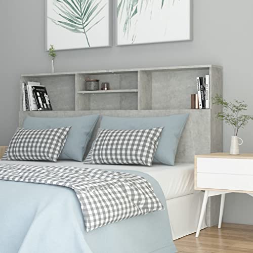 Mesita de noche de madera con estante de exhibición y librería, cabecero gris hormigón, unidad de almacenamiento para dormitorio, 160 x 19 x 103,5 cm, elegante accesorio de cama