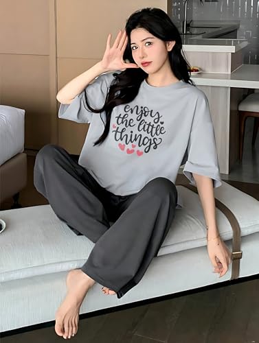 Image of KSHS Printed Round Neck Short Sleeve Nightsuit Set | Pajama Set | Casual Night Dress for Women