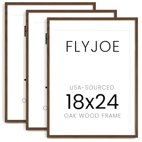 Image of FLYJOE 18x24 Oak Wood Picture Frame with Mat for 16x20, 18 by 24 USA-Sourced Natural Solid Wooden Poster Frame for Wall Display, Tempered Real Glass, Hanging Hardware Included, 3 Pack, Walnut Color