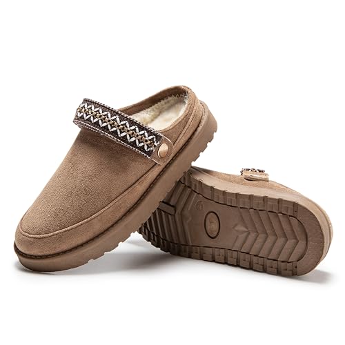 Image of Warm Winter Slippers for Women – Faux Suede Fur Lined Platform Clog Shoes with Non-Slip Sole, Indoor Outdoor House Boots (A-TAN, Adult, Women, 8, Numeric, UK Footwear Size System, Medium)