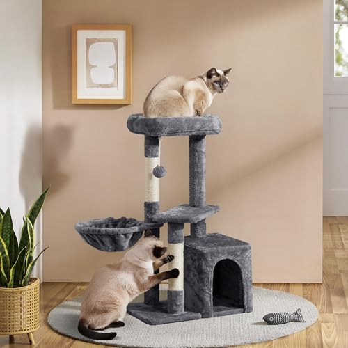 Yaheetech Cat Tree, Multi Level Climbing Tower for Indoor Cats, Pet Activity Center Scratching Post Indoor Furniture Bed with Basket for Kittens, Dark Gray