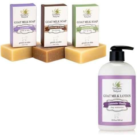 Southern Natural Goat Milk Soap Bar Variety 3 Pack with Lavender Vanilla Goat Milk Lotion – Face and Body Care for Dry, Sensitive Skin, Suitable for Men, Women, and Kids Cover