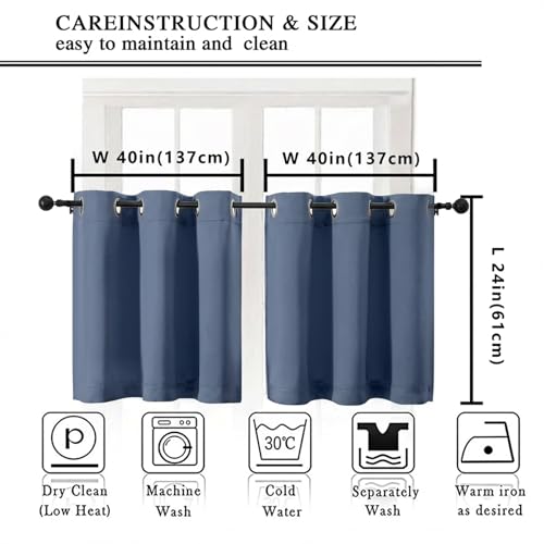 Image of Simplebrand Denim Short Kitchen Curtains 24 Inch Length 2 Panels Set, Small Windows Room Darkening Curtain for Bathroom, Cabinet, Basement, RV Camper, Thermal Insulated Short Drapes, 40 x 24 Inch