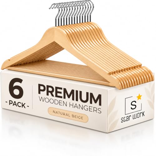 Image of STAR WORK Multi Functional Solid Wooden Suit Hangers, Coat Hangers, Natural Finish with 2 Shoulder Notches 360 Degree Swivel Hook (6)