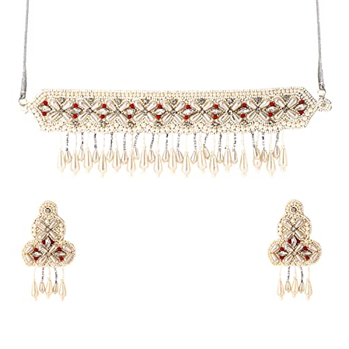 Image of Yellow Chimes Jewellery Set for Women and Girls White Beads Necklace Set for Women | White Beads Studded Choker Necklace Set | Birthday Gift for girls and women Anniversary Gift for Wife