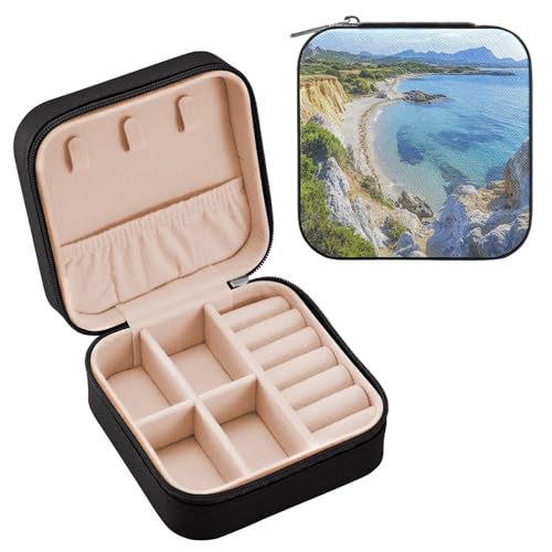 Ttgoth Seaside - Joyero portátil para mujeres y niñas, estuche de viaje de piel sintética, joyero para anillos, aretes, collares, pulseras, organizador de joyas, 10 x 10 x 5 cm