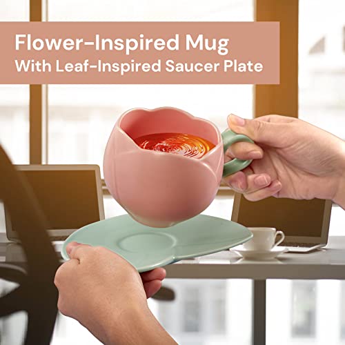 Viverie 10 Oz Pink Flower Teacup And Saucer - Leaf Heart Tea Cup Saucer, Cute Coffee Mug, Tea Mug, Hot Teacup Set, Tea Accessories For Women, Mom, Friends, Birthday, Christmas Gift, Pink Christmas Mug #TOP1