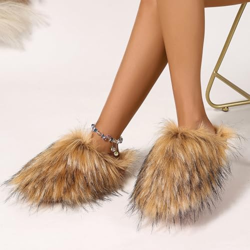 Women's Fluffy Faux Fur Slippers Furry Soft Plush Home Slippers Indoor Outdoor Non-Slip Slippers3
