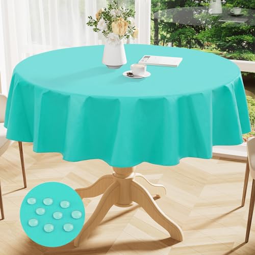 Image of Smiry Round Table Cloth 60 Inch, Waterproof Wipeable Vinyl Tablecloths Protector, Oil Spill Proof Plastic Table Cover for Dining, Picnic, Camping, Outdoor, Teal