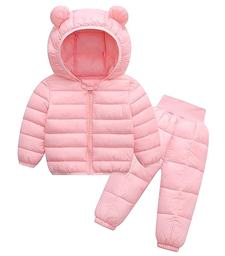 Kids Boys Girls Winter Hooded Puffer Jacket with Elastic Waist Snow Pants Baby Thick Warm Padded Down Coat and Pants Sets Two Piece Hooded Jacket Outfit Clothes Set Pink 0-6 Months 2023
