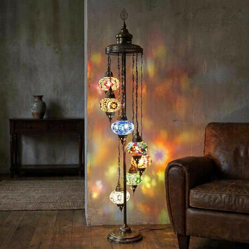 Lámpara de pie de mosaico turco ENVA multicolor con 7 globos de cristal hechos a mano