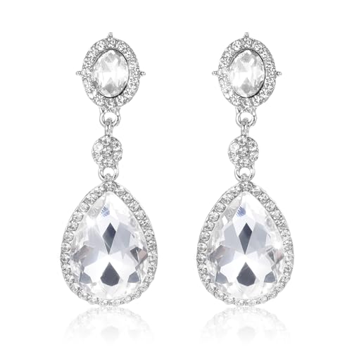 Telooco Boucles d'Oreilles Pendantes en Diamant Boucles d'Oreilles en Forme de Goutte de Diamant en Strass Argenté Clip Non Percé, Bijoux de Costume pour Mariage et...