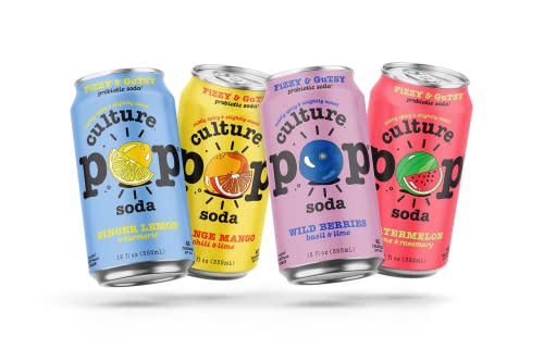 Culture Pop Sparkling Probiotic Soda | 40 Calories per can, Vegan, Non-GMO | 12 Fl Oz Cans (4 Flavor Variety, Pack of 4)