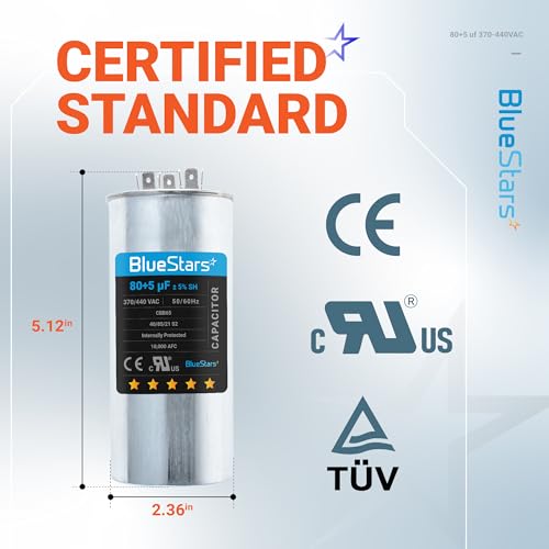 BlueStars Ultra Durable 80+5 uf ± 5% MFD 370 Or 440V Dual Run Round Capacitor TP-CAP-80/5/440R Condenser Straight Cool & Heat Pump Air Conditioner