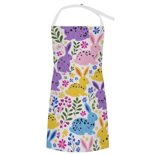 SESLFLKPJK Dog Grooming Wedding Restaurant Kitchen Apron Large Pocket Waterproof Fashion Apron Boys Girls, Easter Rabbit Flower Art Apron With Roomy Pocket, Easy Care Aprons