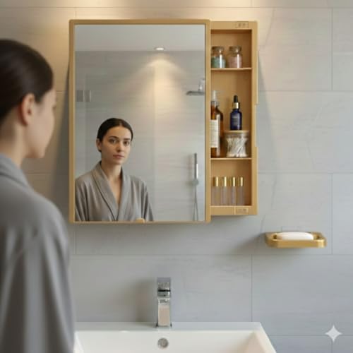 Image of CIPLA PLAST New Rich Look Bathroom Cabinet with Mirror | Storage Organiser | Strong Plastic Bathroom Shelves Wall Mounted | Bathroom Accessories| Mirror Cabinet (Metallic Gold) with Soap Dish