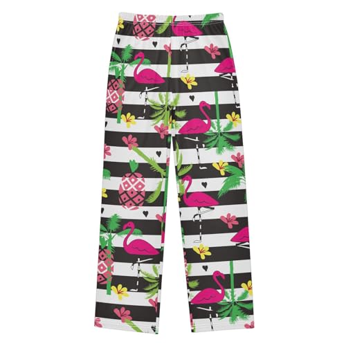 Flamingo Striped Flowers Boys Long Pants Soft Trousers Elastic Waist Kids Lounge Bottoms with Pockets S-XL